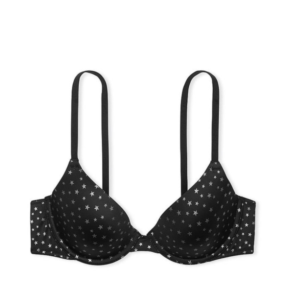 PINK Wear Everywhere Lightly Lined T-Shirt Bra – Black Star Print – Size 36D